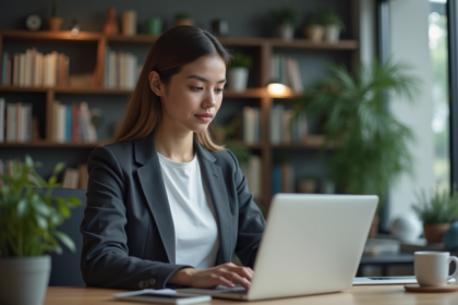 Jeune femme concentrée travaillant sur un ordinateur dans un bureau moderne