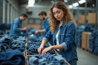 Jeune femme triant des vêtements en denim dans une usine moderne