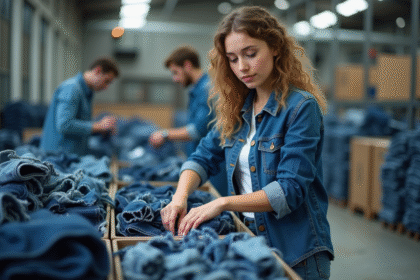 Jeune femme triant des vêtements en denim dans une usine moderne