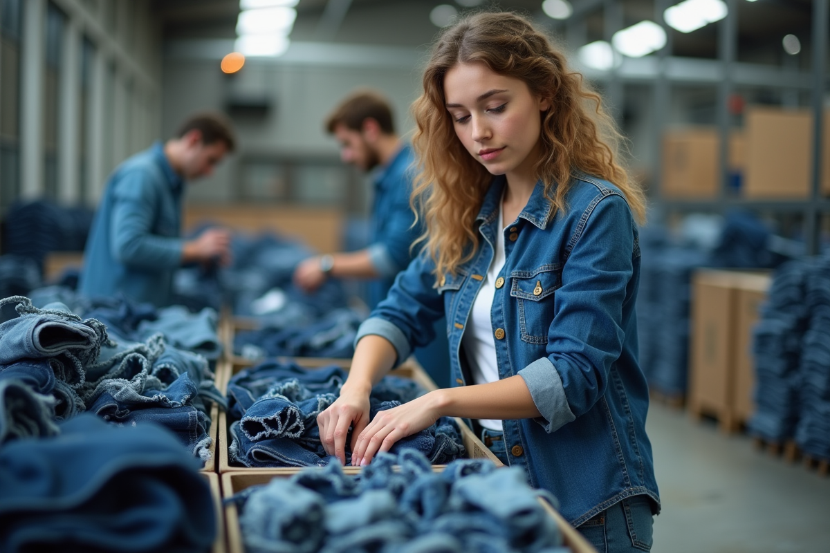 Jeune femme triant des vêtements en denim dans une usine moderne