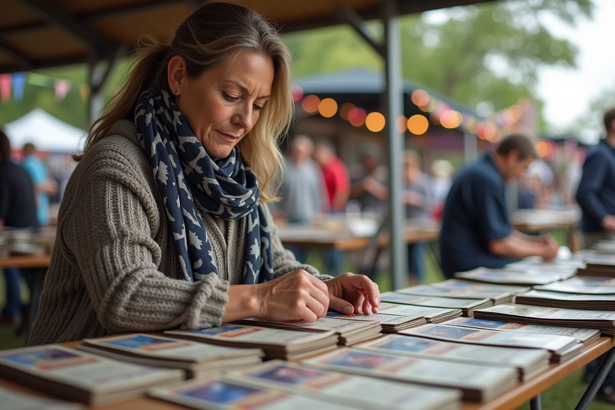 Femme triant des cartes à un marché aux puces animé