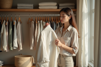 Jeune femme inspectant un vetement en fibres naturelles dans un dressing