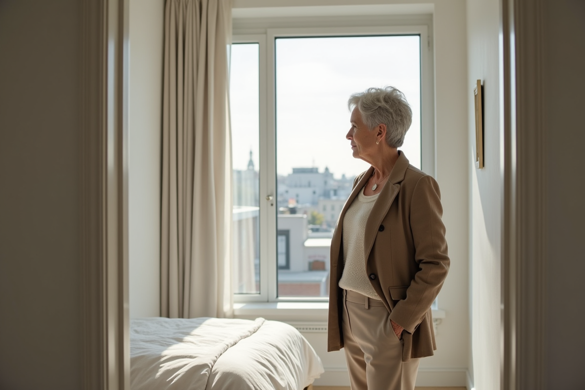 Femme mature inspectant une chambre lumineuse T3