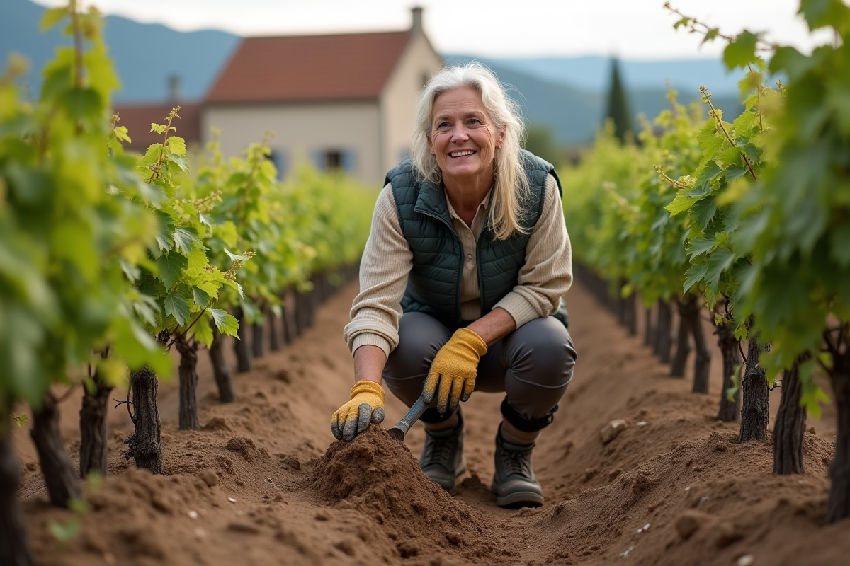 Femme en jardinage dans un vignoble avec ferme en arrière-plan