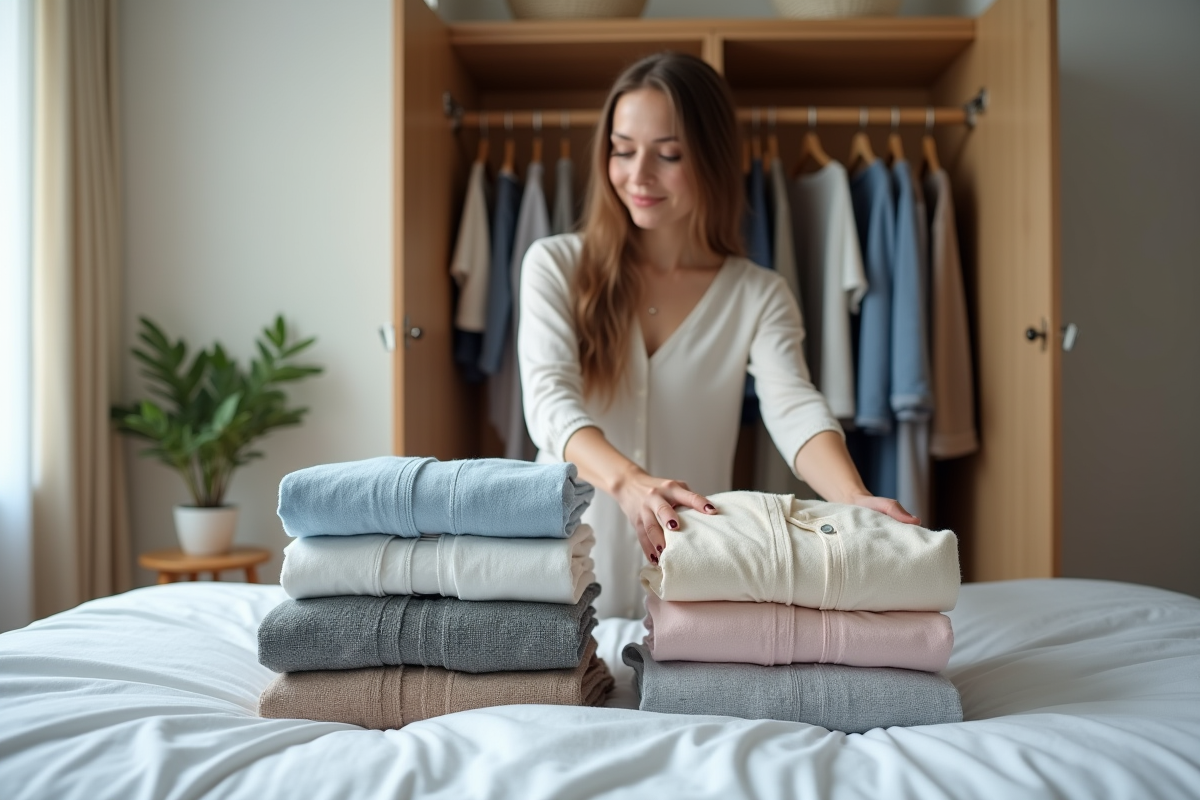 Femme pliant des vêtements sur un lit moderne dans une maison lumineuse