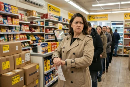 Femme frustrée faisant la queue dans un relais Colissimo saturé pour récupérer un colis