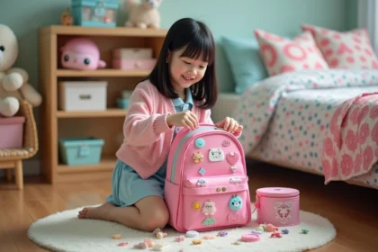 Jeune fille de 10 ans décore un sac kawaii dans sa chambre