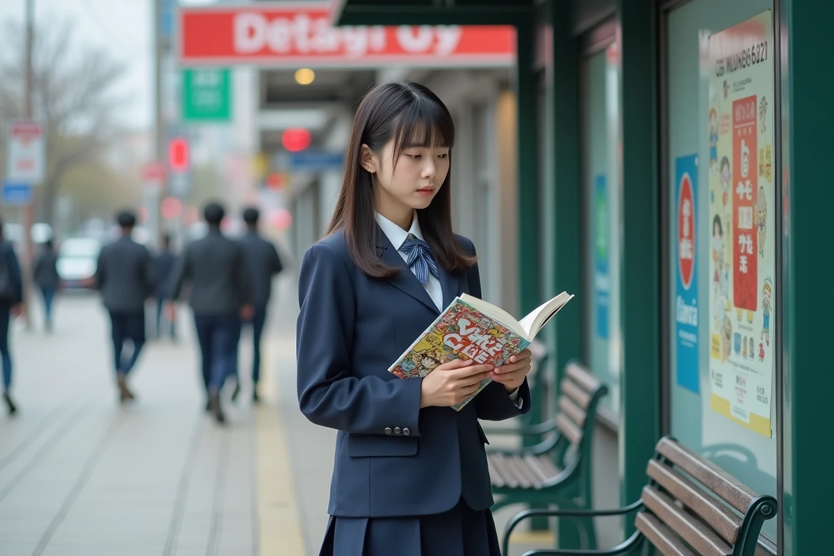 Adolescente lisant un manhwa dans un arrêt de bus urbain