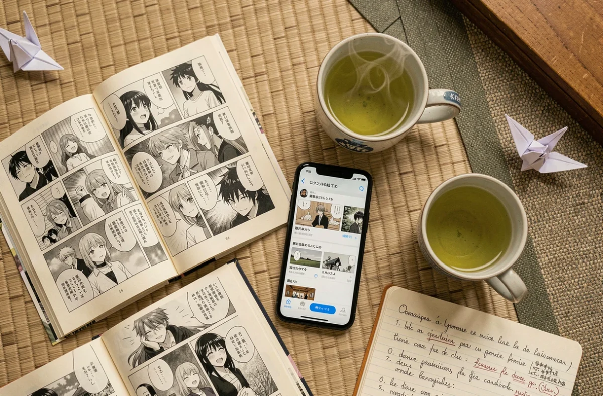 Flat-lay éditorial de volumes de manga ouverts, smartphone avec application de scans manga en français, thé vert et notes de traduction sur tatami