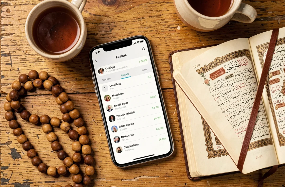 Flat-lay d'un smartphone affichant les heures de prière de Compiègne avec un Coran et un chapelet