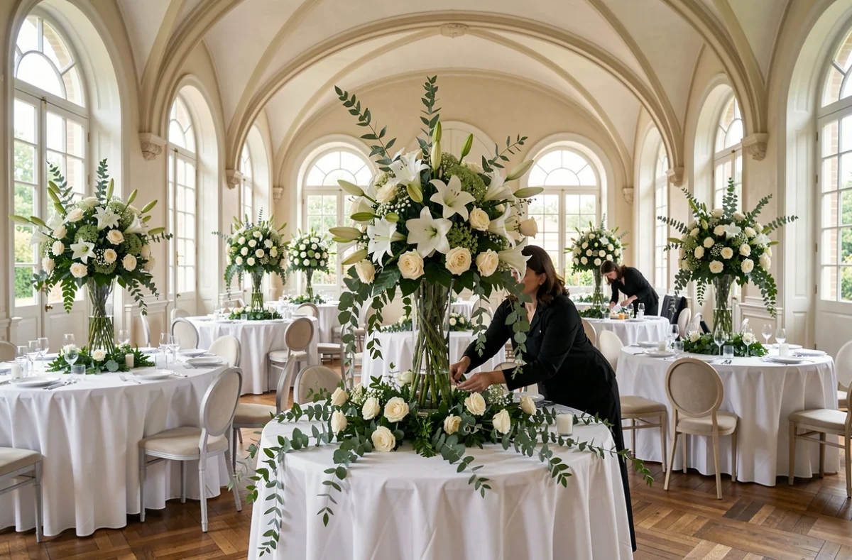 Fleuriste événementielle disposant des compositions florales dans une salle de réception des Yvelines