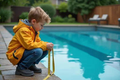 Jeune garçon curieux près d'une piscine avec un mètre
