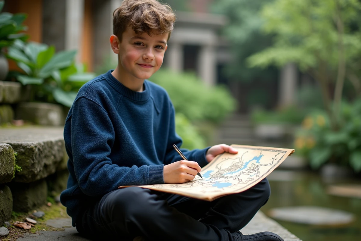 Adolescent avec carte dans un jardin verdoyant