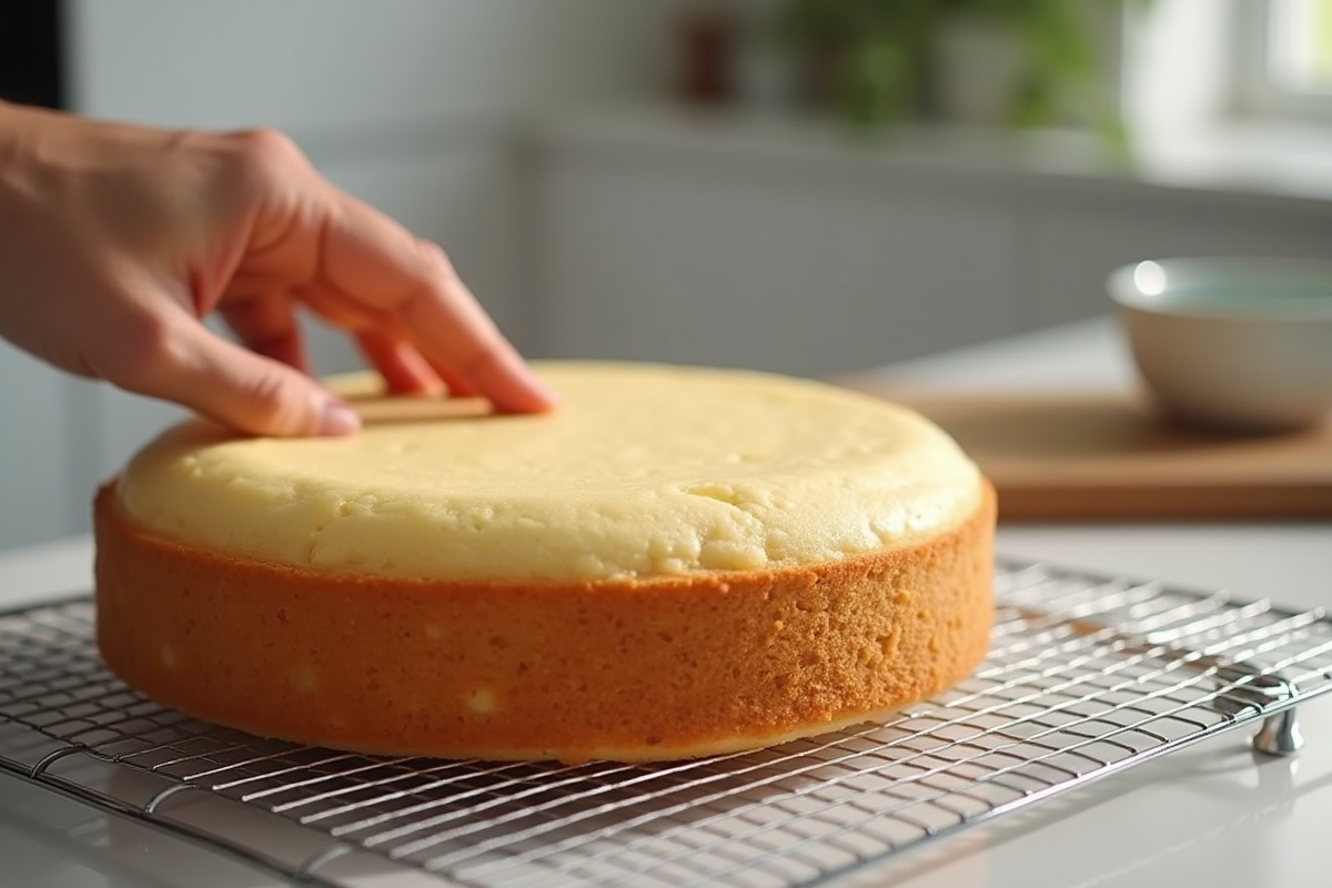 Gâteau nature refroidissant sur grille avec main testant sa douceur