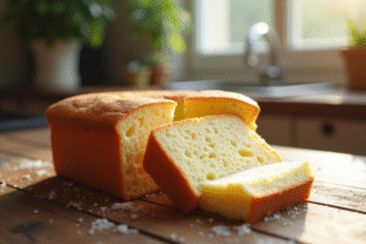 Gâteau éponge nature tranché sur une table en bois