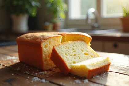 Gâteau éponge nature tranché sur une table en bois