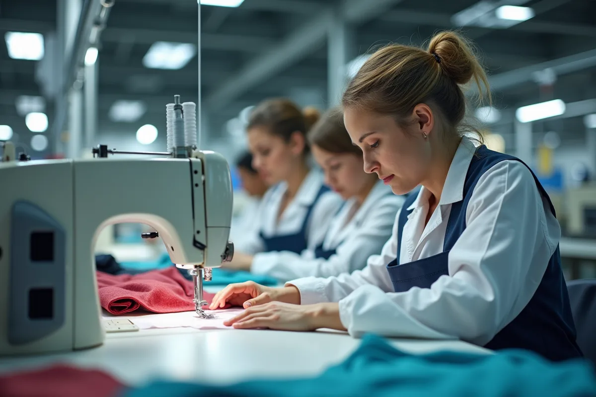 Ouvriers de l'industrie du vêtement manipulant des machines et produits chimiques