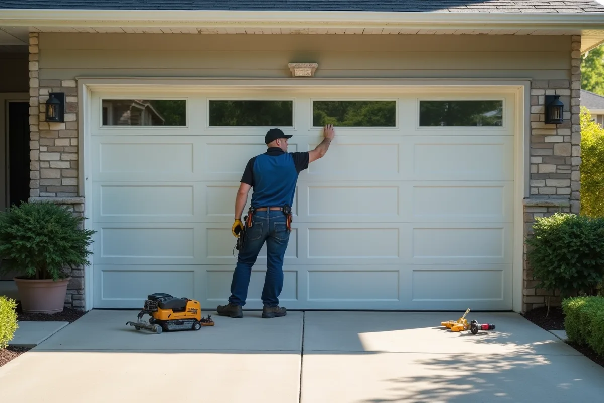 Portail de garage sectionnel en cours d'installation avec outils nécessaires