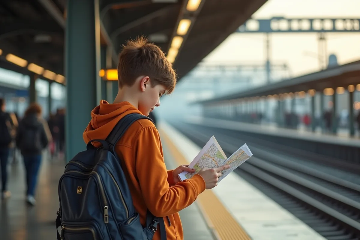 Un adolescent avec un sac à dos attendant son train