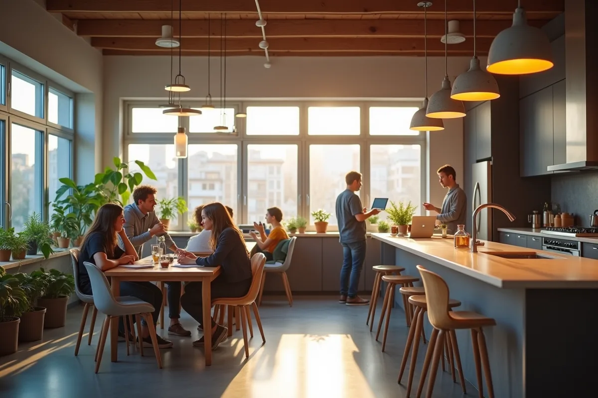 Résidents partageant un espace de vie dans un environnement convivial