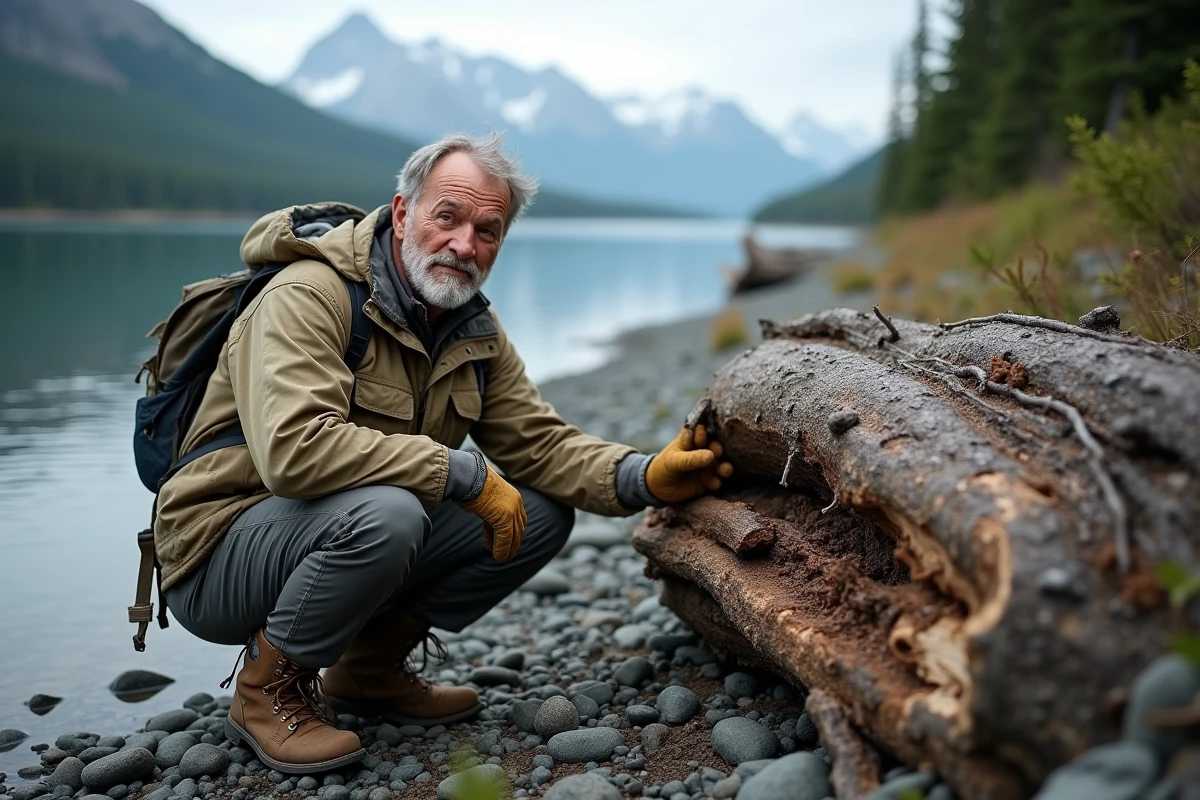 Géologue examinant un tronc d'arbre arraché par le tsunami de Lituya Bay sur le rivage rocheux de l'Alaska
