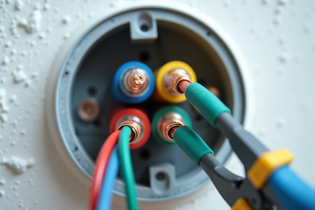 Gros plan sur des bornes de connexion à levier transparent et fils électriques colorés dans une boîte de dérivation ouverte
