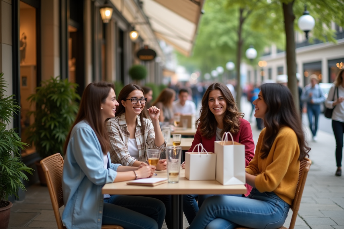 Groupe d amis au café en centre urbain chic