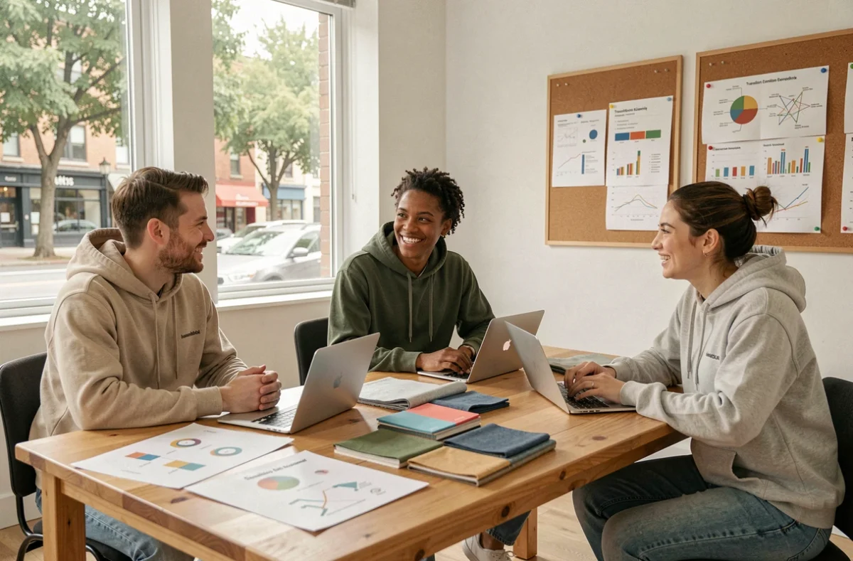 Groupe de jeunes adultes collaborant autour d'un projet de transition écologique et économie circulaire