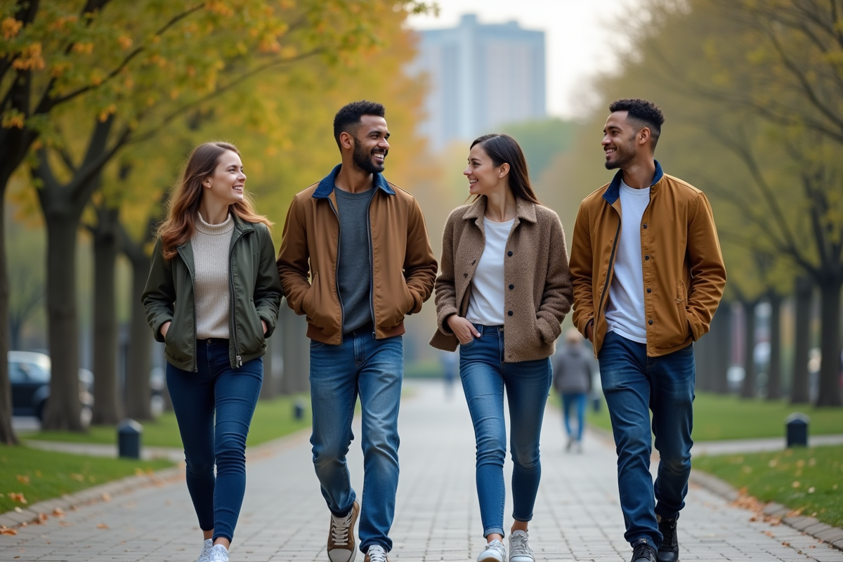 Groupe de collègues marchant dans un parc urbain