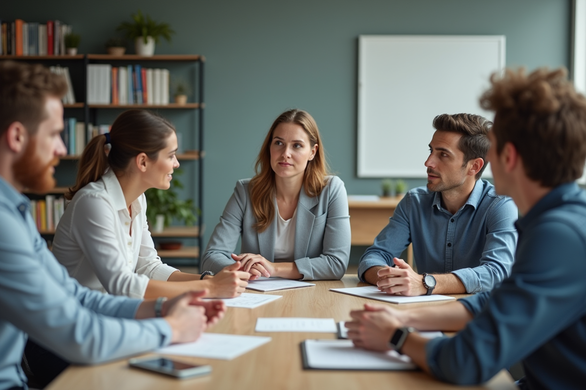 Groupe d adultes en discussion dans une salle moderne