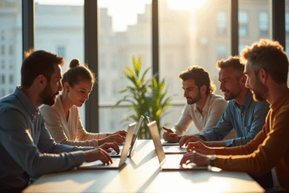 Groupe diversifié utilisant des appareils numériques autour d'une table