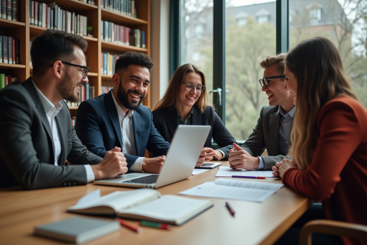 Jeunes étudiants discutant autour d une table en bibliothèque universitaire