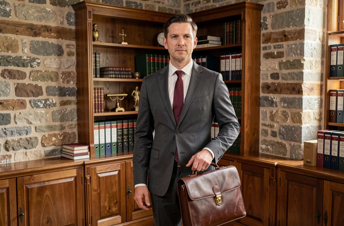 Maître Guillaume Allain, avocat en costume anthracite, dans un bureau avec murs en pierre à Poitiers