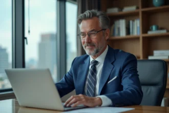 Homme d'affaires en costume bleu dans un bureau moderne