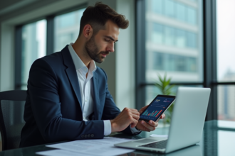 Jeune homme d'affaires avec tablette et dashboard digital