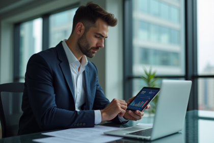 Jeune homme d'affaires avec tablette et dashboard digital