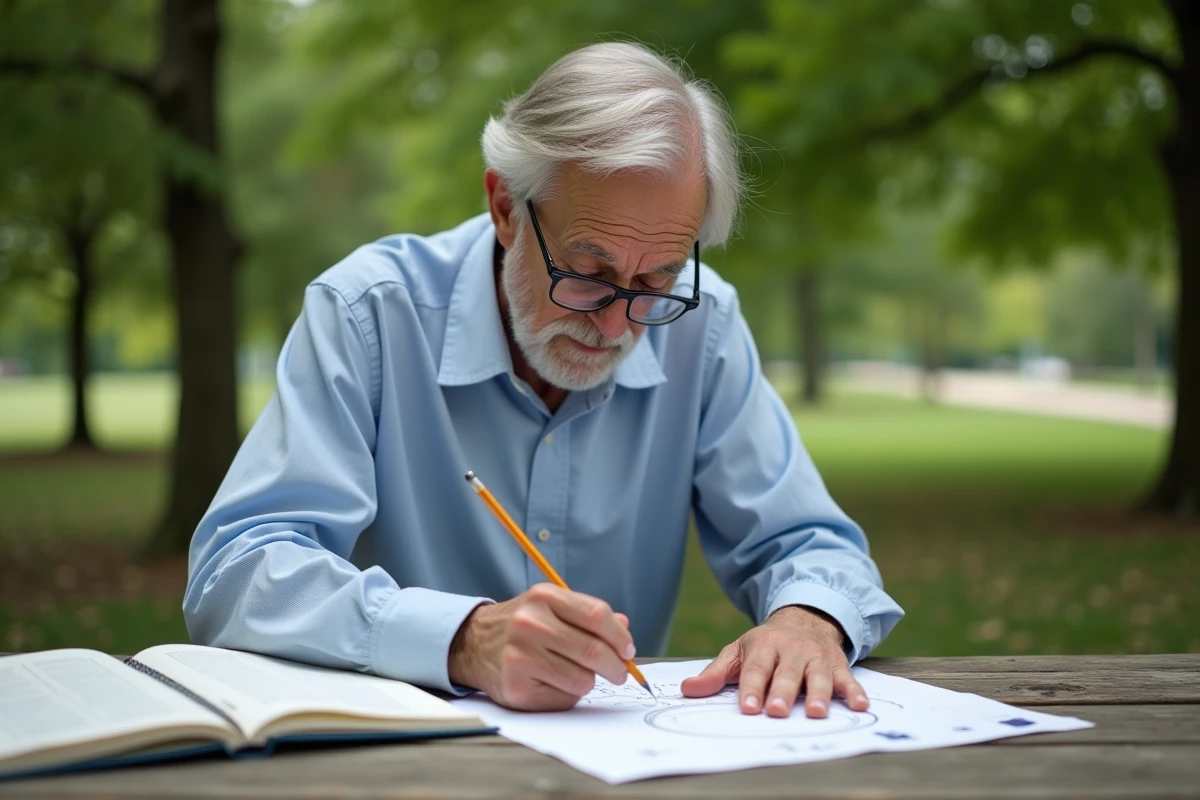 Homme âgé dessinant un cercle en plein air dans un parc