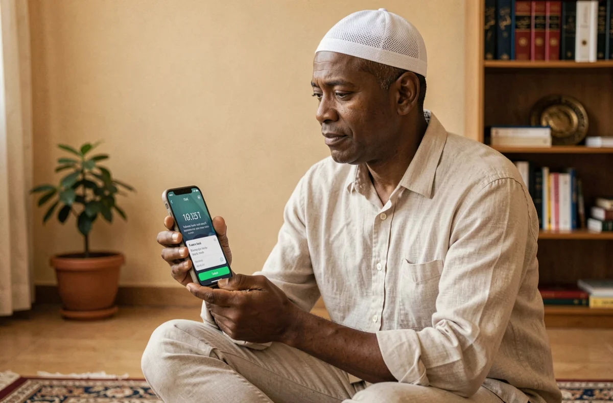 Homme musulman consultant une application mobile d'heure de prière sur smartphone à Compiègne