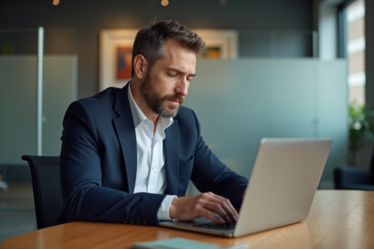 Homme d'âge moyen travaillant sur un ordinateur dans un bureau moderne