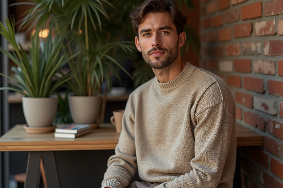 Homme en pull earthtone dans un café urbain