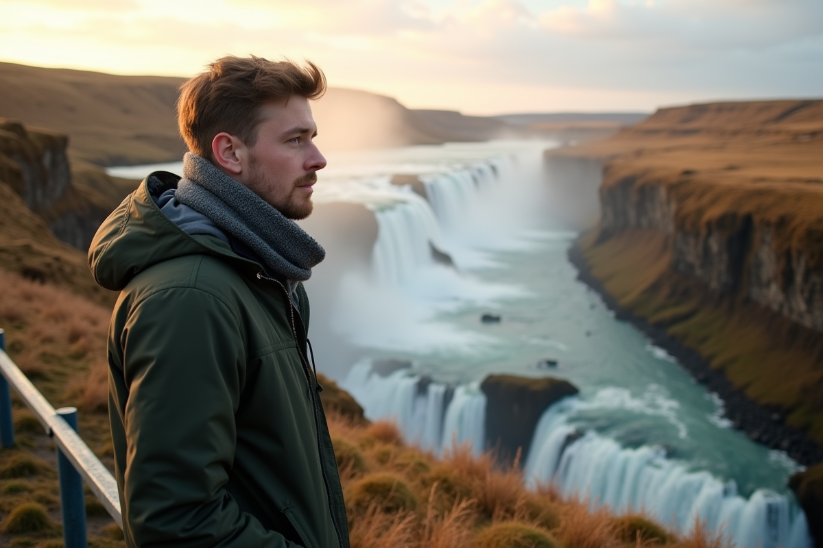 Jeune homme regardant le canyon de Gullfoss en fin d