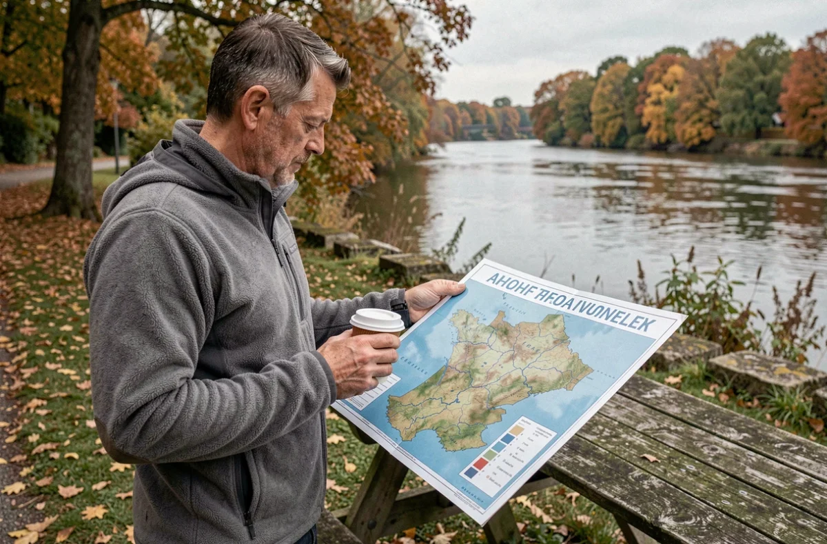 Homme consultant une carte topographique des fleuves de France en plein air au bord d'une rivière en automne