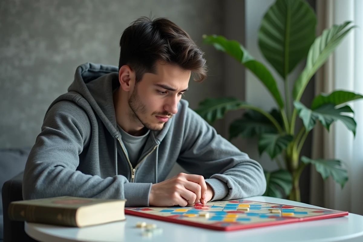 Jeune homme consultant un dictionnaire pour vérifier la validité d'un mot au Scrabble