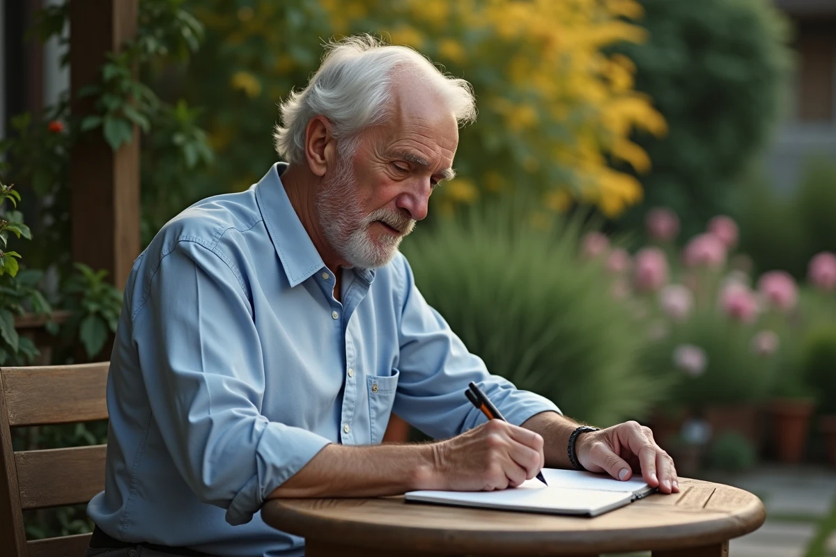 Homme âgé écrivant dans un journal dans son jardin en soirée