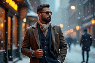 Homme élégant en hiver avec manteau et écharpe dans la neige