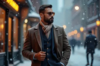Homme élégant en hiver avec manteau et écharpe dans la neige