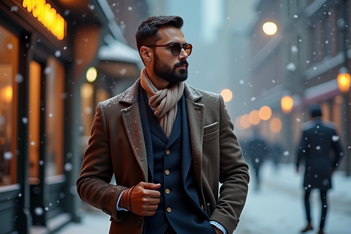 Homme élégant en hiver avec manteau et écharpe dans la neige