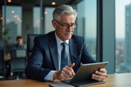 Homme d'affaires en costume regardant des graphiques