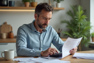 Homme d'âge moyen vérifiant ses relevés bancaires à la maison