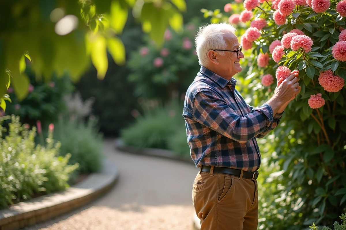 Homme âgé observant une plante dans un jardin ensoleille